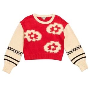 Finding Foxtale Red Floral Fuzzy Knit Sweater Cream Balloon Sleeve Girls Size 10